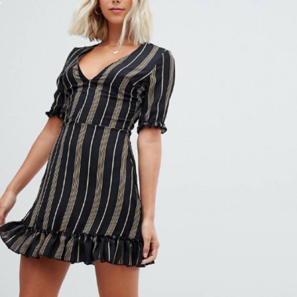 Parisian v-neck stripe dress with frill detail